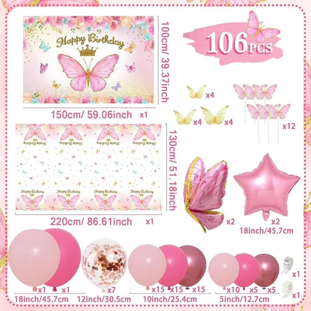 Pink Butterfly Birthday Decoration set - 106 Pcs